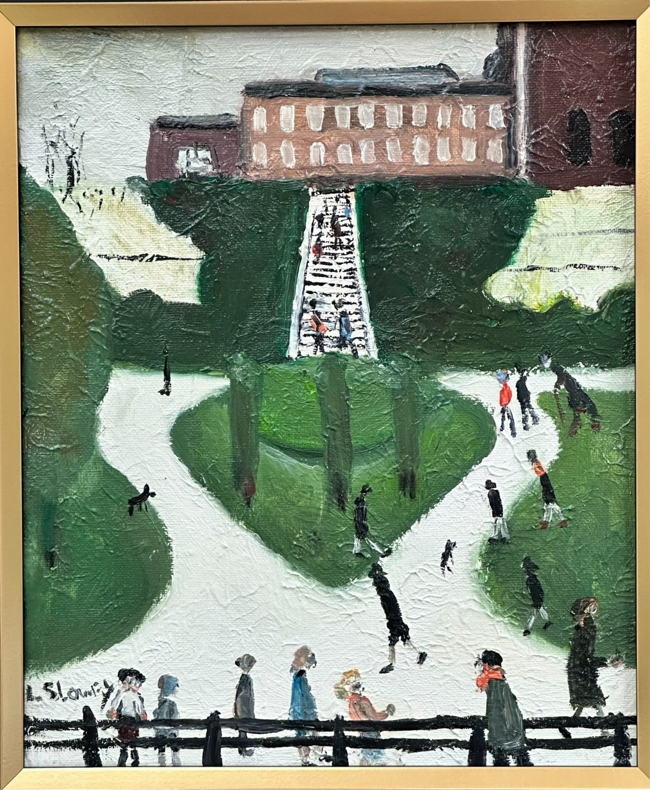 John Goodlad - Framed Oil on Canvas 12x10in Peel Park Manchester Art After Lowry
