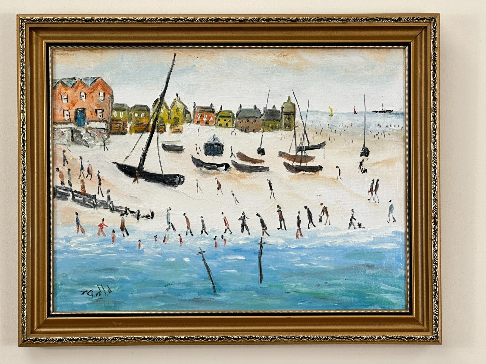 John Goodlad - Down at the Beach Framed Oil on Canvas 40x30cm Art After Lowry