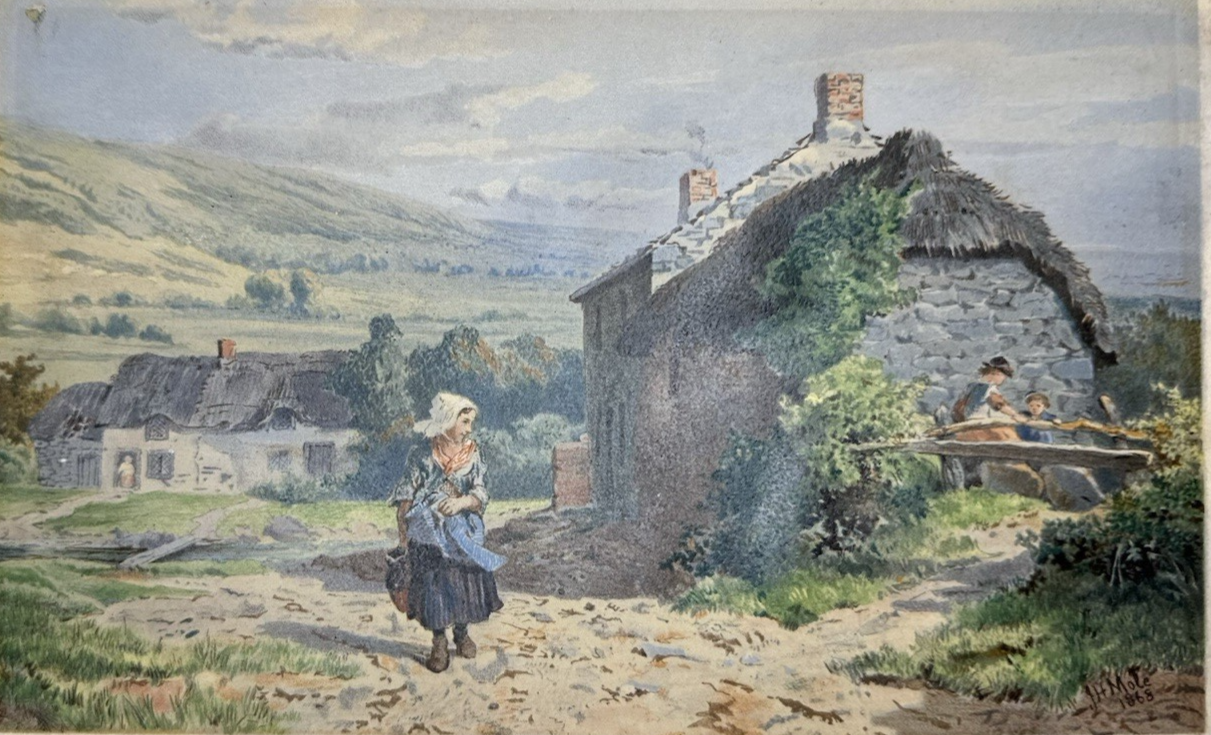 Original John Henry Mole Watercolour - Girl by Cottage 1860s Stunning Detail