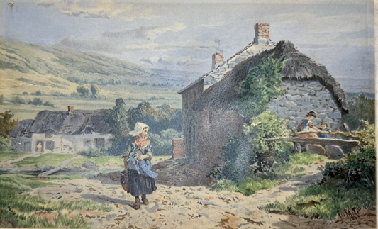 Original John Henry Mole Watercolour - Girl by Cottage 1860s Stunning Detail
