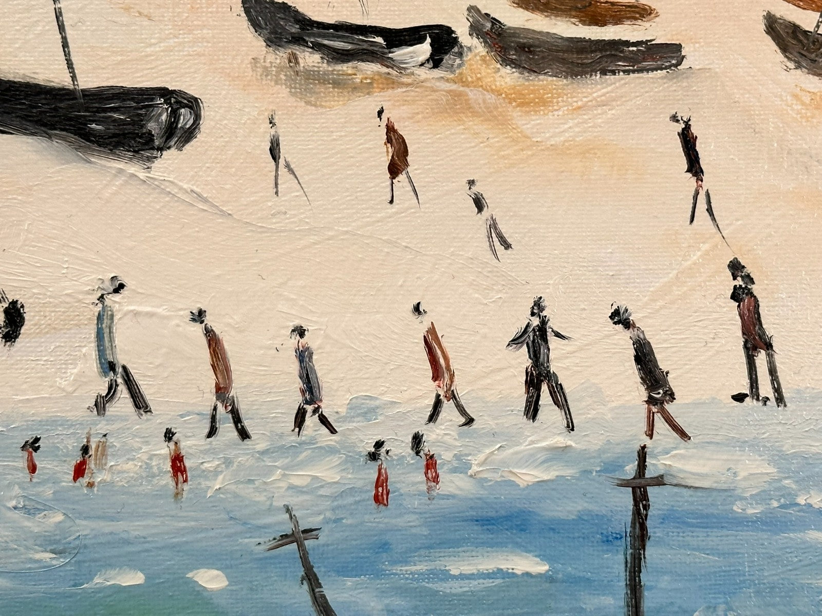 John Goodlad - Down at the Beach Framed Oil on Canvas 40x30cm Art After Lowry
