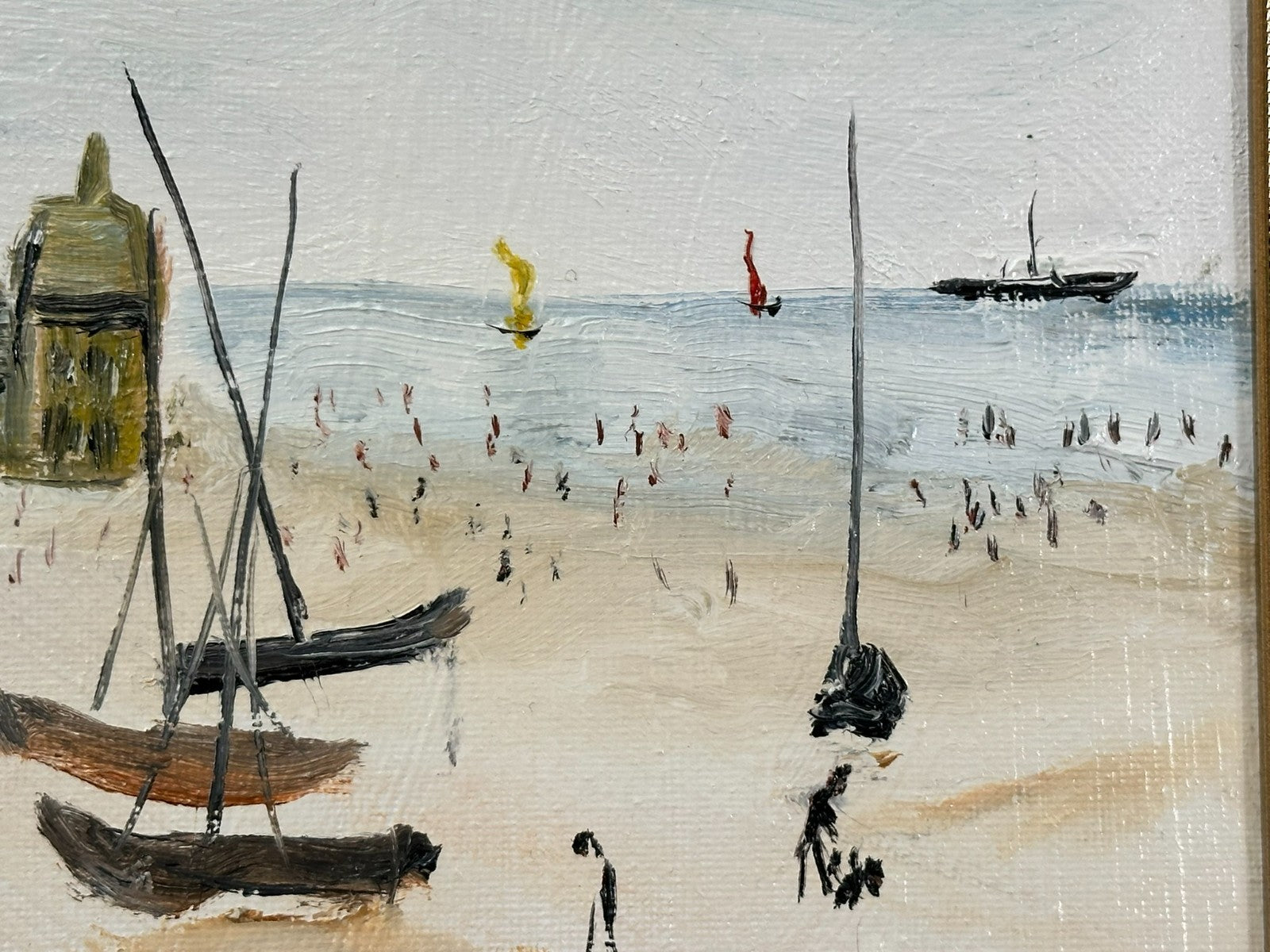 John Goodlad - Down at the Beach Framed Oil on Canvas 40x30cm Art After Lowry