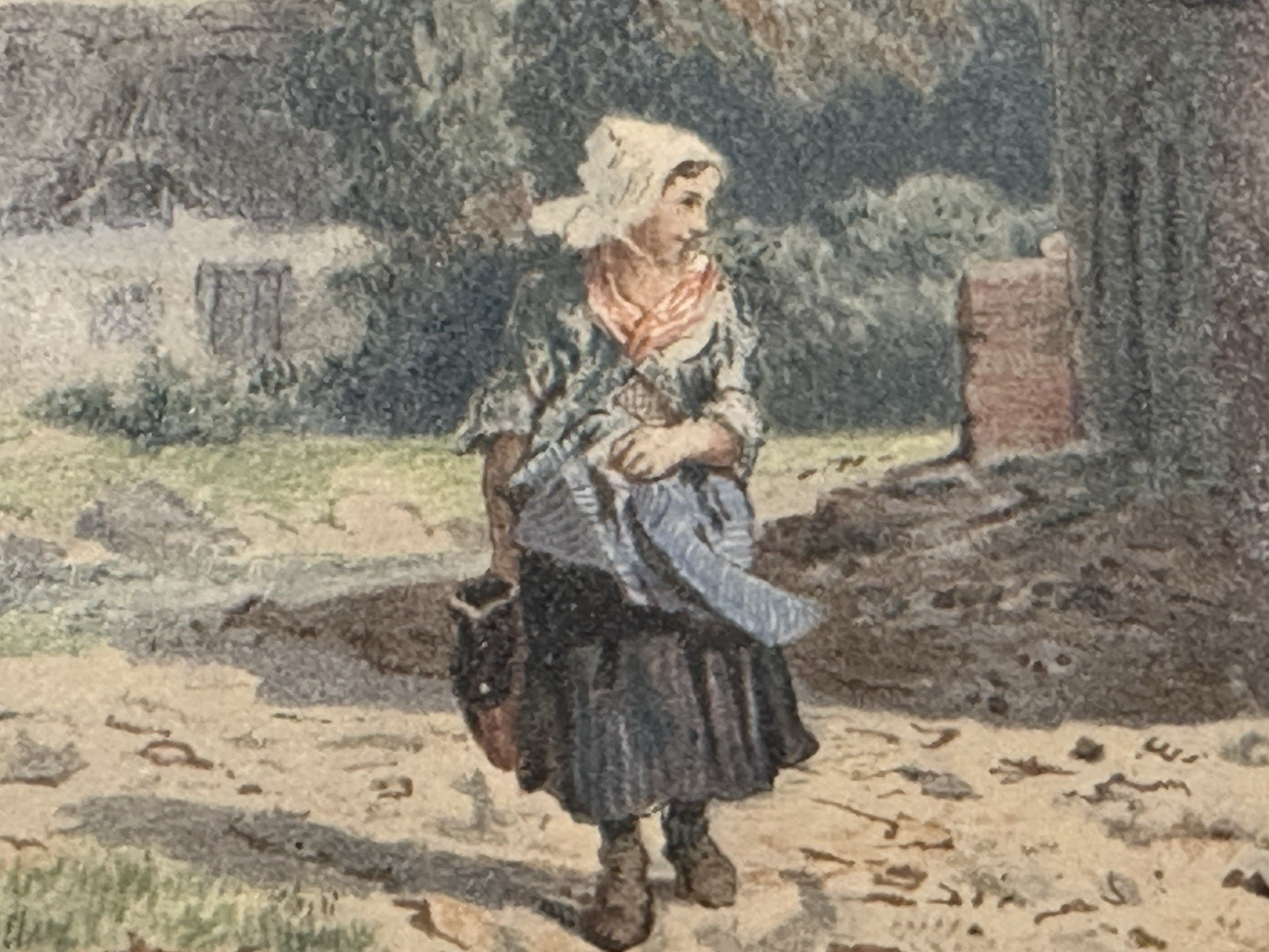 Original John Henry Mole Watercolour - Girl by Cottage 1860s Stunning Detail