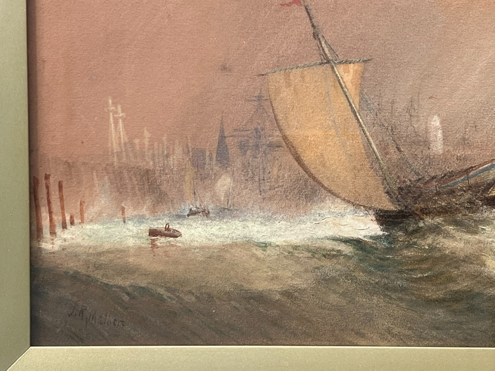 John Robert Mather - Original Newcastle Watercolour & Gouache Stormy Sea 58x28cm