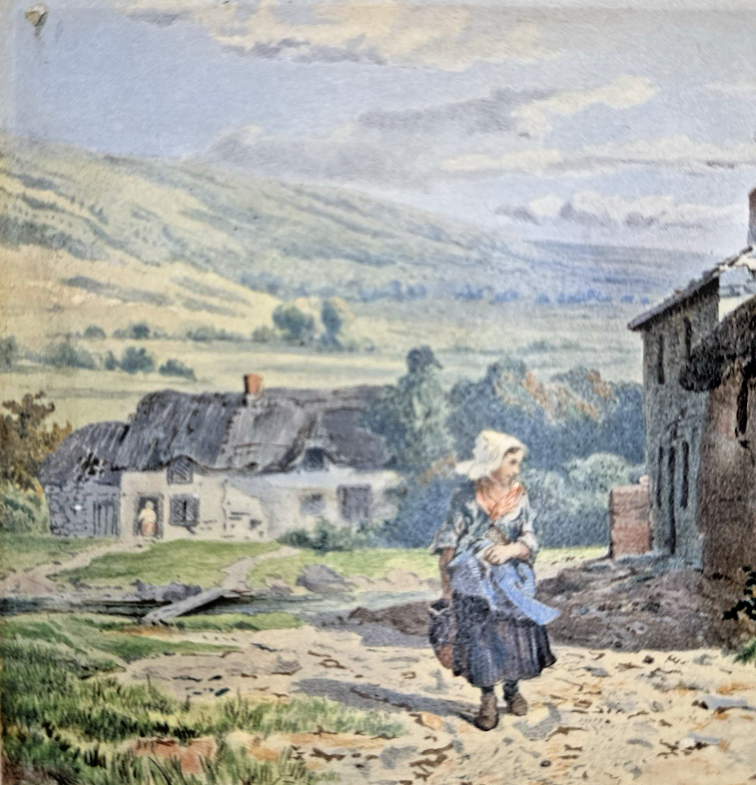 Original John Henry Mole Watercolour - Girl by Cottage 1860s Stunning Detail