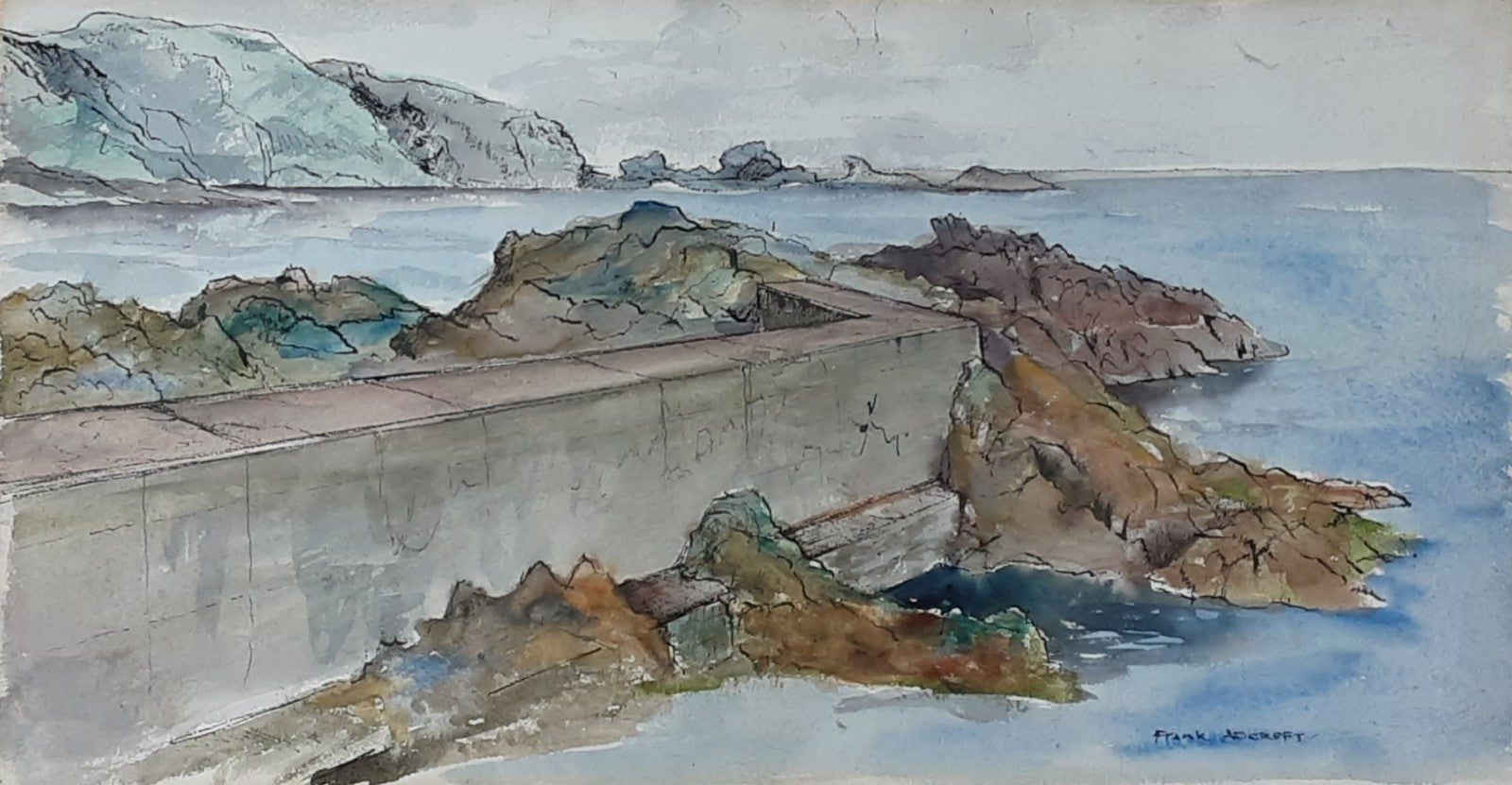 Frank Adcroft Signed Watercolour Coastal Scene 57x30cm St Abbs II Scottish Art