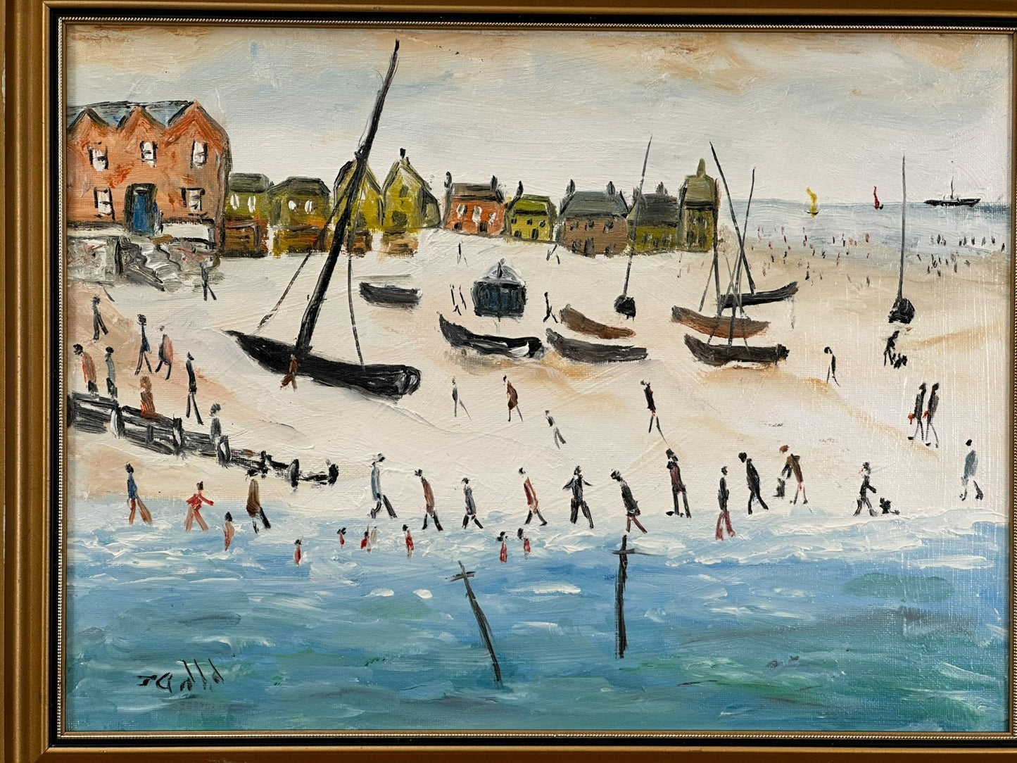John Goodlad - Down at the Beach Framed Oil on Canvas 40x30cm Art After Lowry
