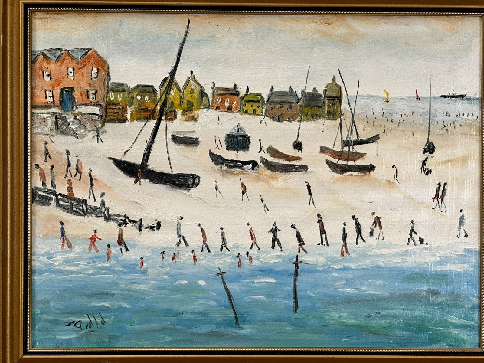 John Goodlad - Down at the Beach Framed Oil on Canvas 40x30cm Art After Lowry
