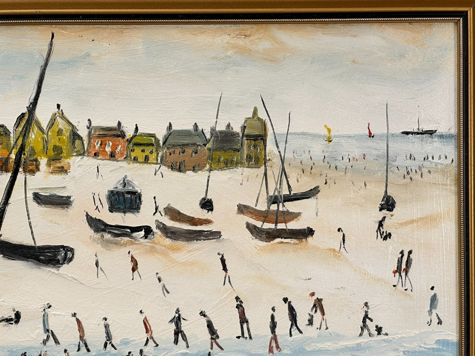 John Goodlad - Down at the Beach Framed Oil on Canvas 40x30cm Art After Lowry