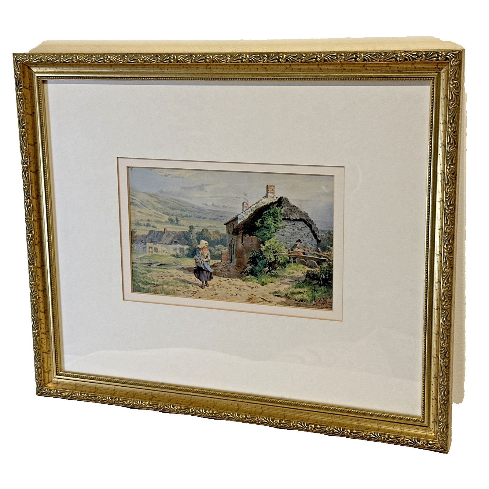 Original John Henry Mole Watercolour - Girl by Cottage 1860s Stunning Detail