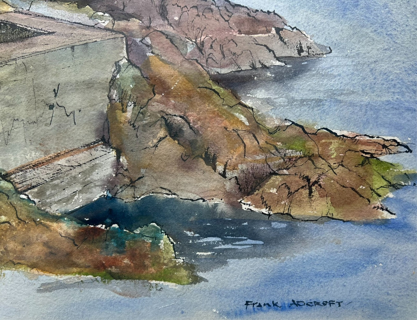 Frank Adcroft Signed Watercolour Coastal Scene 57x30cm St Abbs II Scottish Art