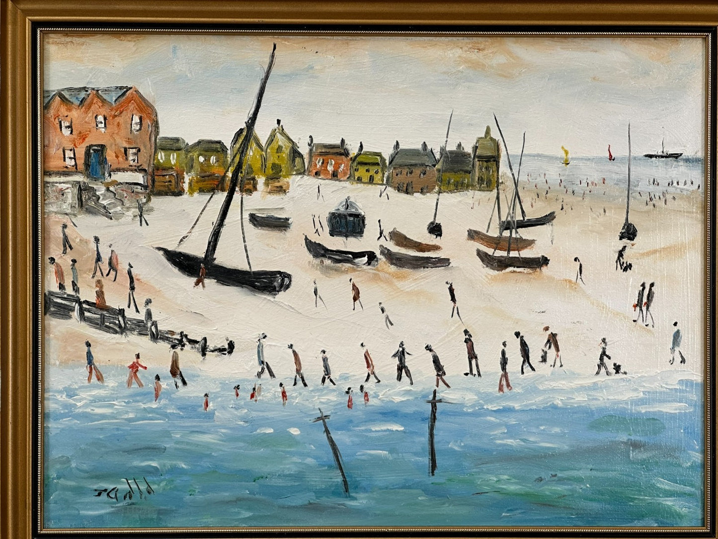 John Goodlad - Down at the Beach Framed Oil on Canvas 40x30cm Art After Lowry