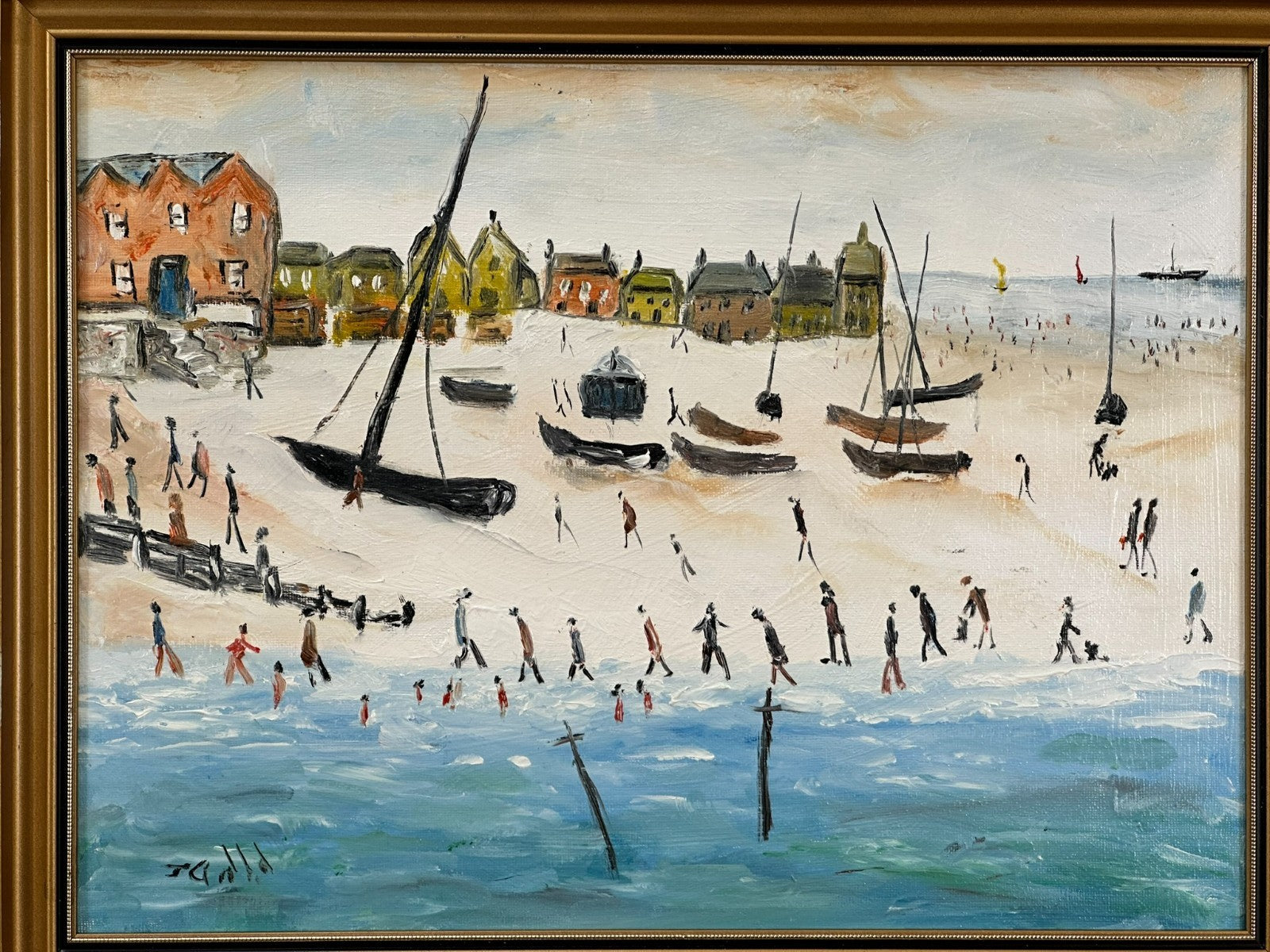 John Goodlad - Down at the Beach Framed Oil on Canvas 40x30cm Art After Lowry