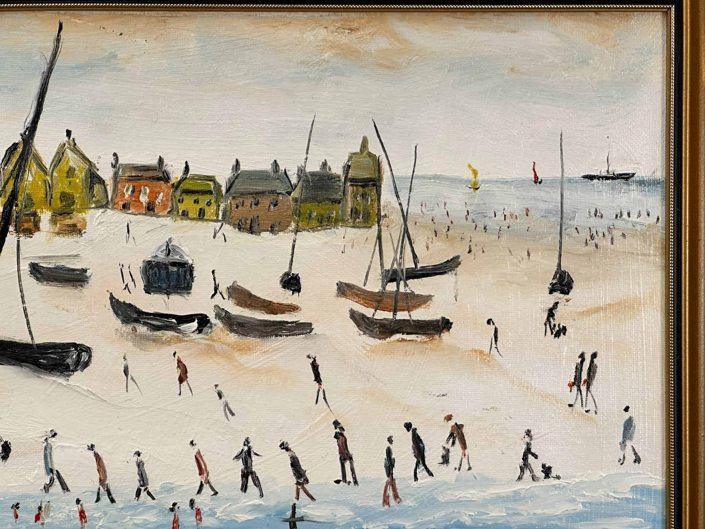 John Goodlad - Down at the Beach Framed Oil on Canvas 40x30cm Art After Lowry