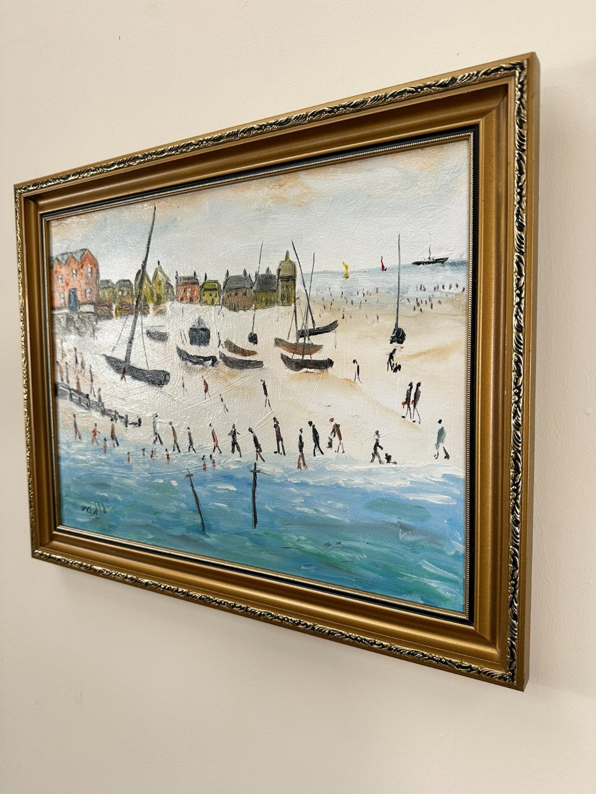 John Goodlad - Down at the Beach Framed Oil on Canvas 40x30cm Art After Lowry