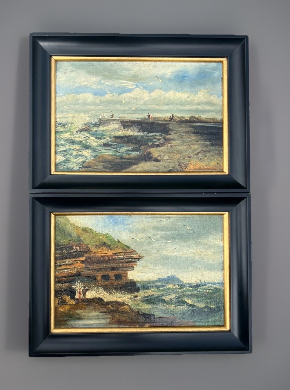 A E Boler (British 1865–1938) Pair 1917 Signed Coastal Oil on Board 31×21cm Each