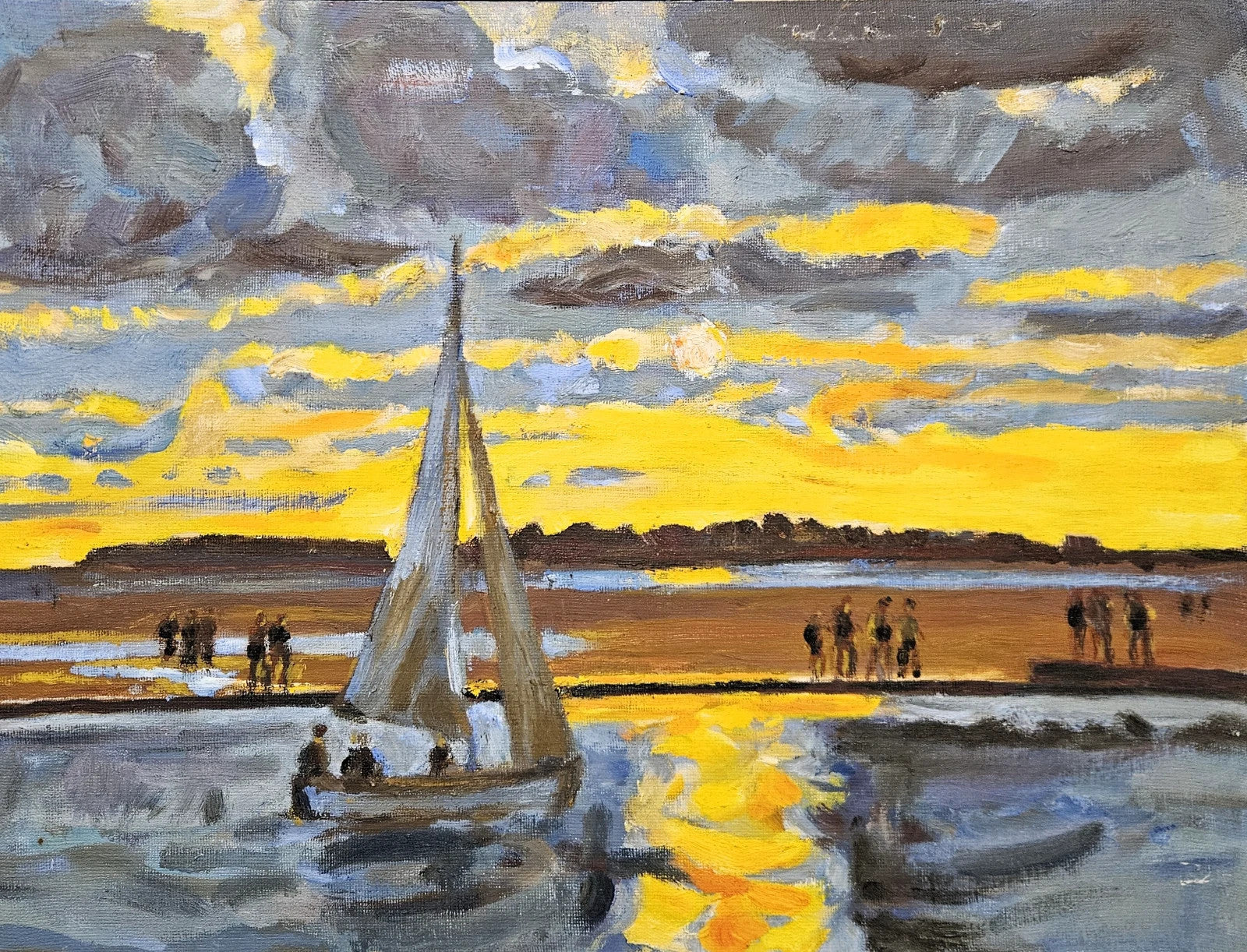 Keith Gardner RCA - Coastal Sunset . Original Oil Painting Harbour Boat Framed