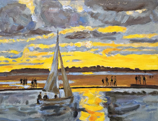 Keith Gardner RCA - Coastal Sunset . Original Oil Painting Harbour Boat Framed