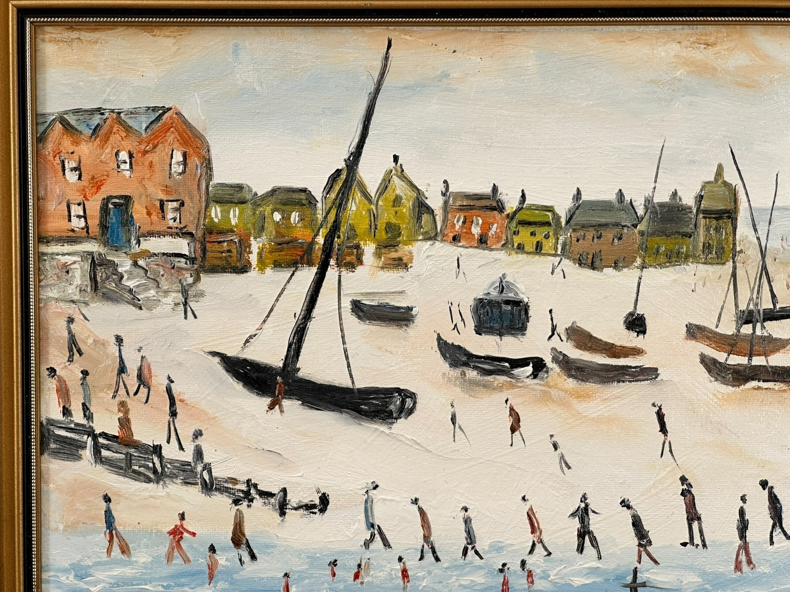 John Goodlad - Down at the Beach Framed Oil on Canvas 40x30cm Art After Lowry