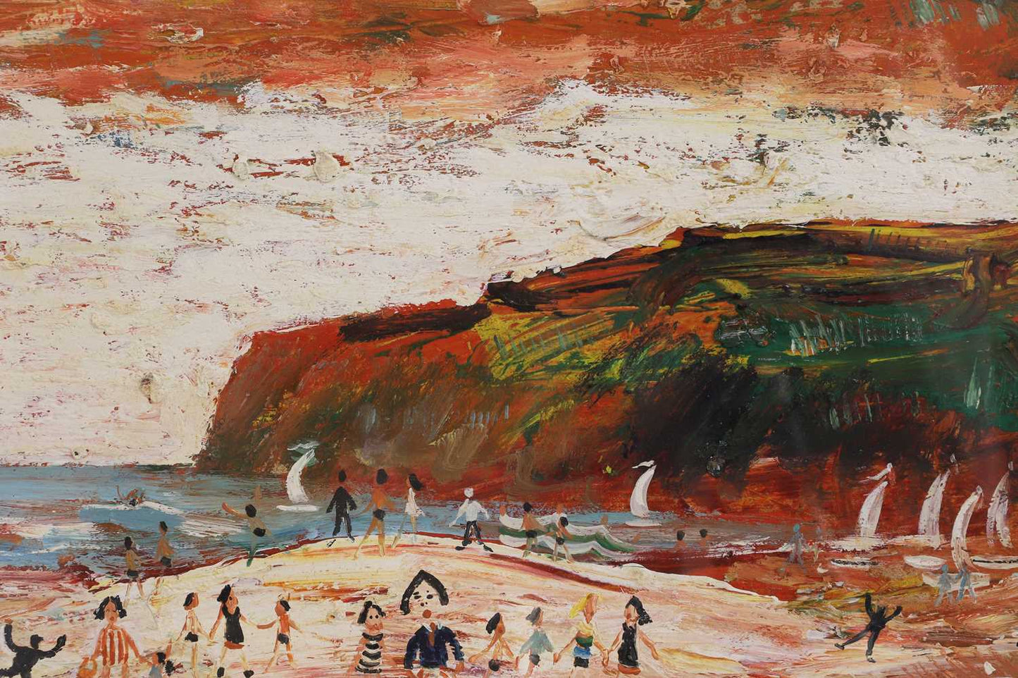 Simeon Stafford Oil Painting - Lively Cornish Beach Scene & Lighthouse