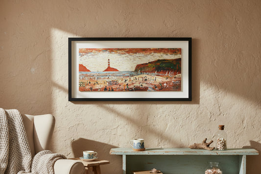 Simeon Stafford Oil Painting - Lively Cornish Beach Scene & Lighthouse