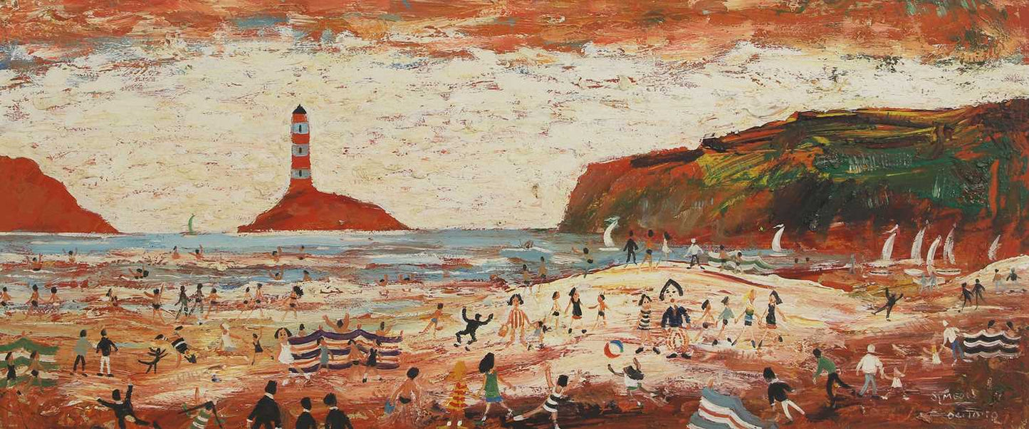 Simeon Stafford Oil Painting - Lively Cornish Beach Scene & Lighthouse