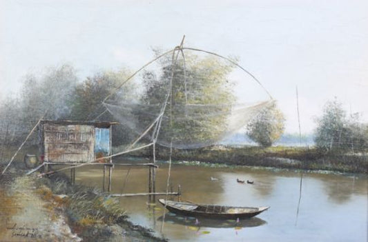 Somsak Chowtadapong Oil on Canvas - Thailand National Artist 60x39cm River Scene