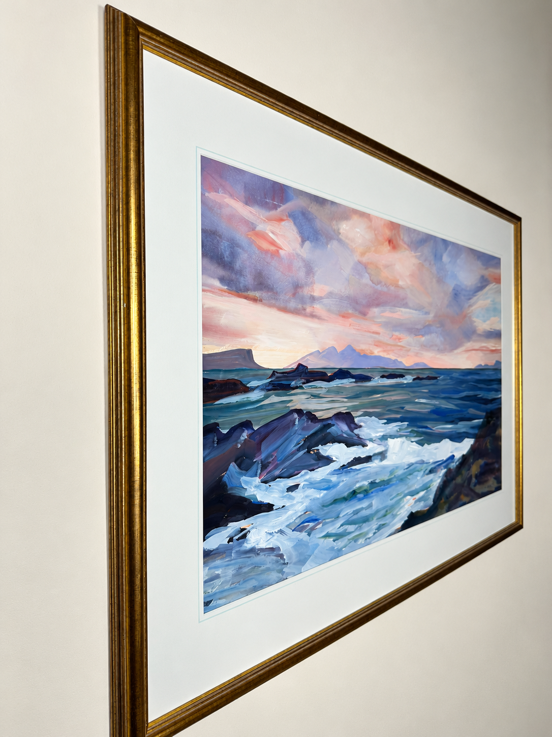 Kathleen Russell (b. 1940) - Evening Skies over Rhum - Original Scottish Coastal Mixed Media Painting, Signed, Framed