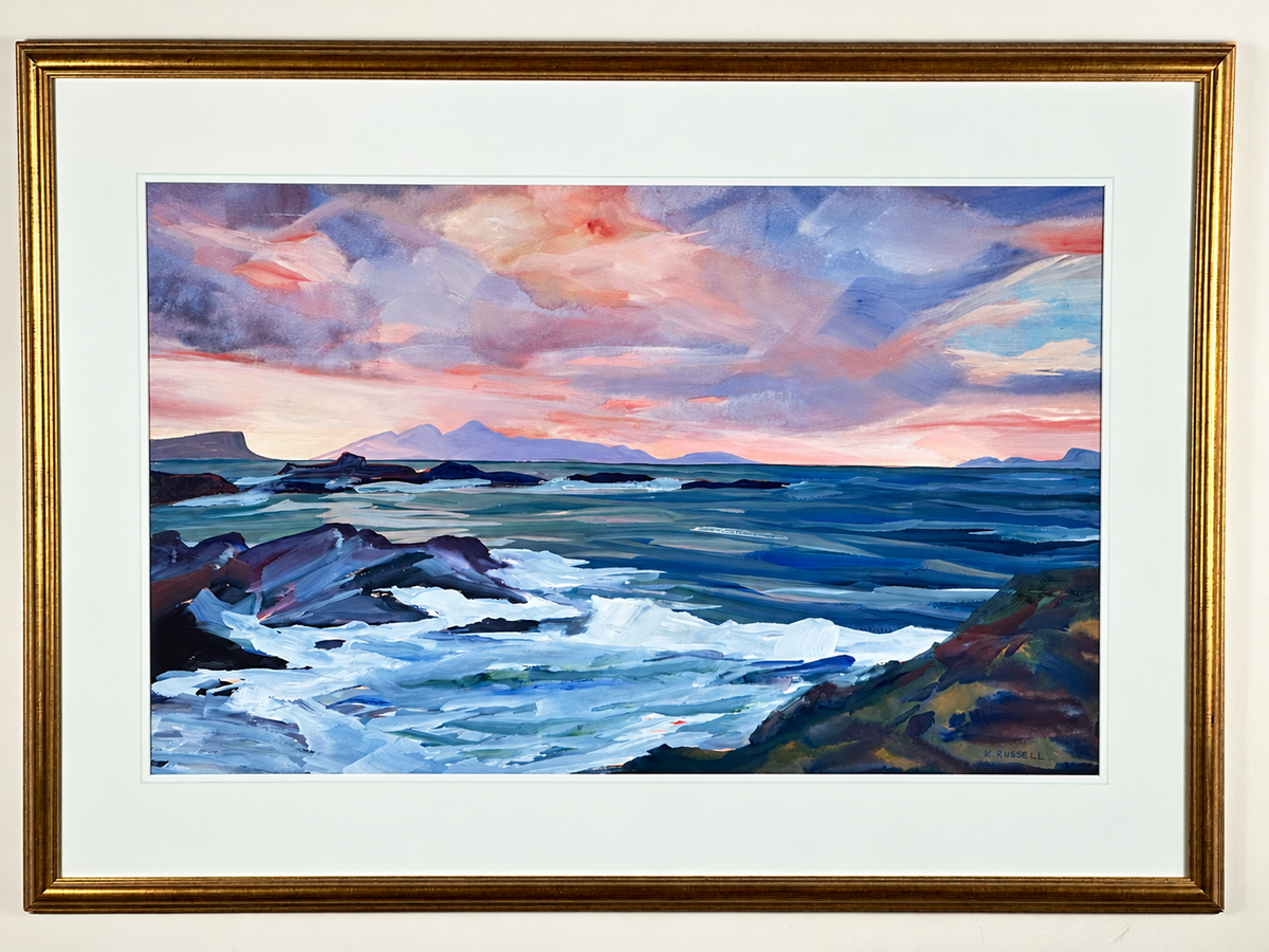 Kathleen Russell (b. 1940) - Evening Skies over Rhum - Original Scottish Coastal Mixed Media Painting, Signed, Framed