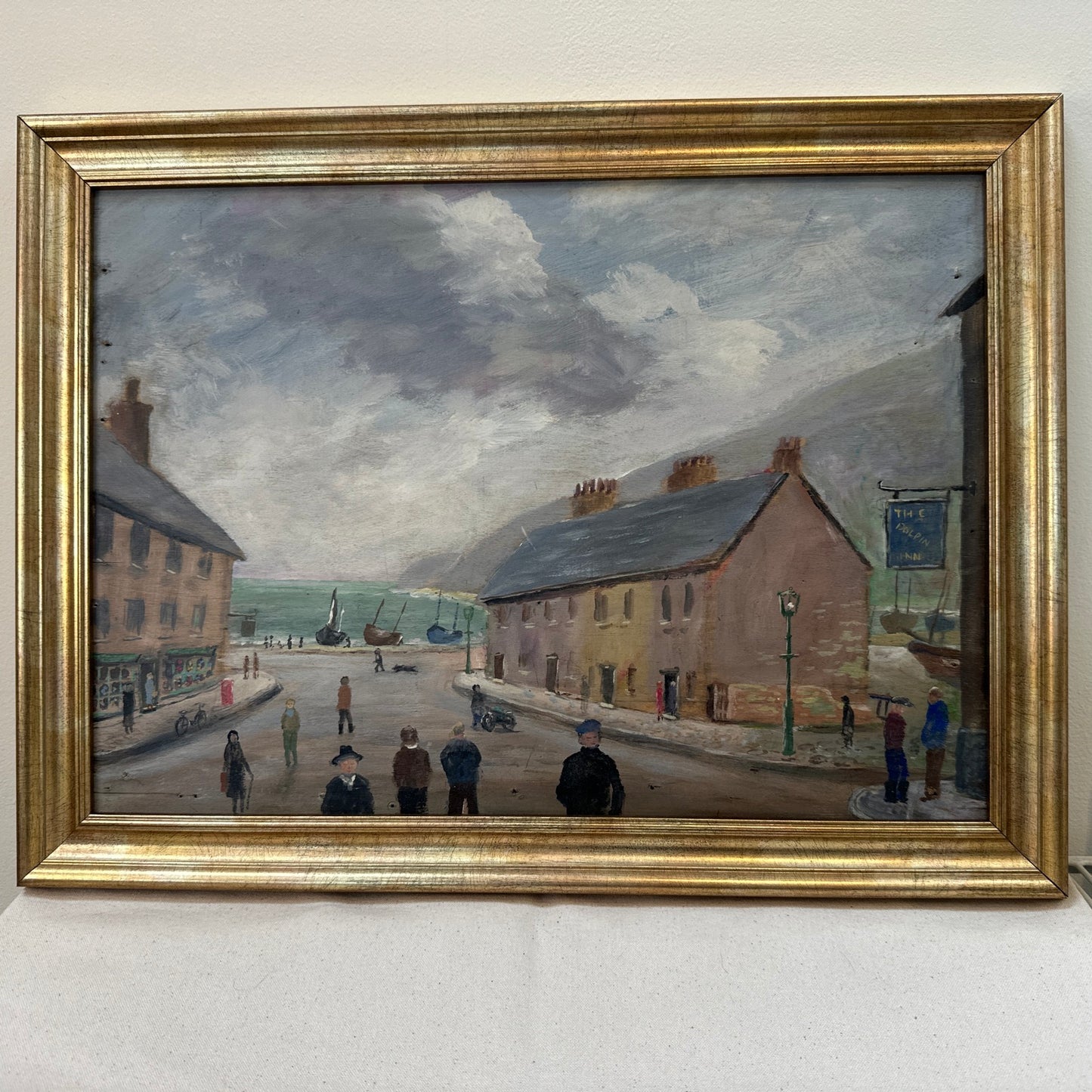 Naive Cornish Harbour Painting - The Dolphin Inn, Penzance - Signed T Maidment
