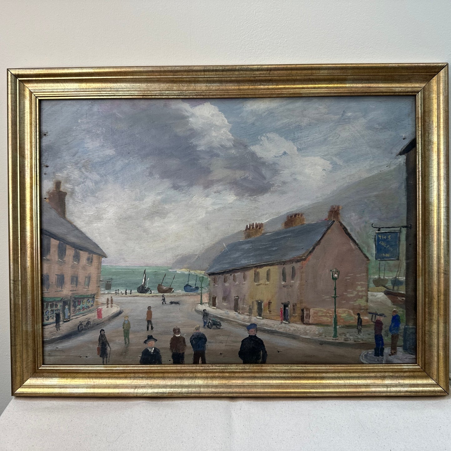 Naive Cornish Harbour Painting - The Dolphin Inn, Penzance - Signed T Maidment