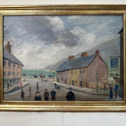 Naive Cornish Harbour Painting - The Dolphin Inn, Penzance - Signed T Maidment
