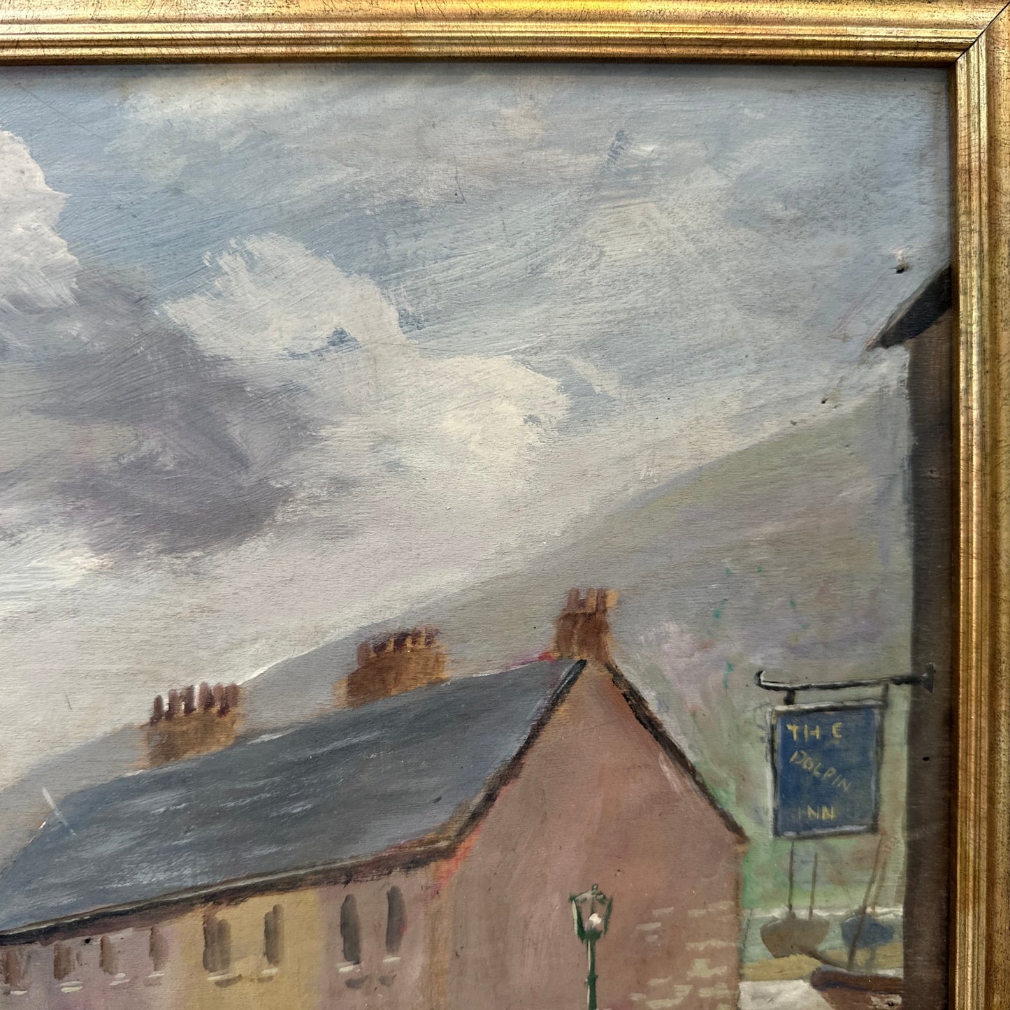 Naive Cornish Harbour Painting - The Dolphin Inn, Penzance - Signed T Maidment