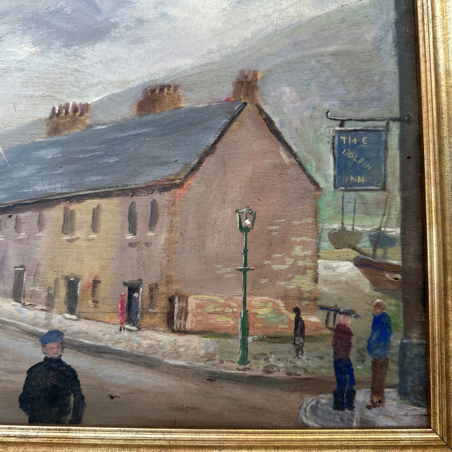 Naive Cornish Harbour Painting - The Dolphin Inn, Penzance - Signed T Maidment
