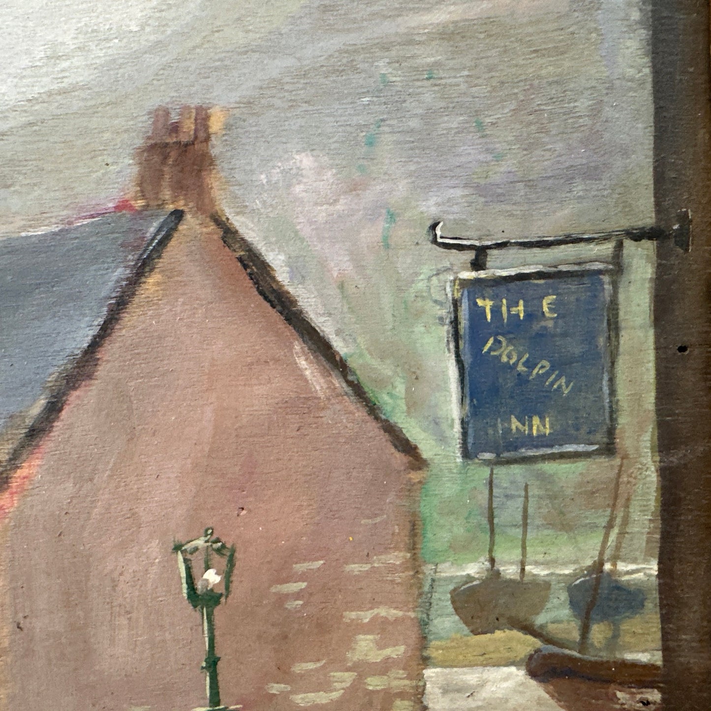 Naive Cornish Harbour Painting - The Dolphin Inn, Penzance - Signed T Maidment