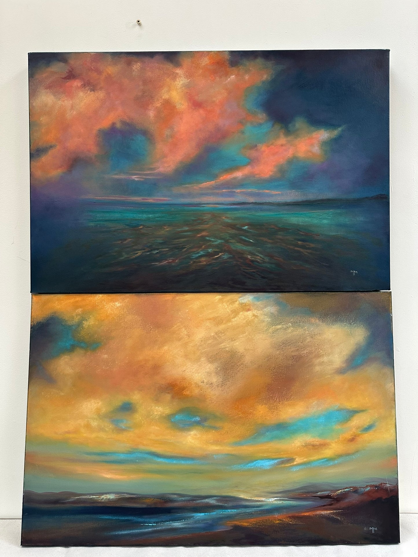 Meg Milne Beauly Firth Sunrise & Sunset - Pair of Large Scottish Coast Paintings