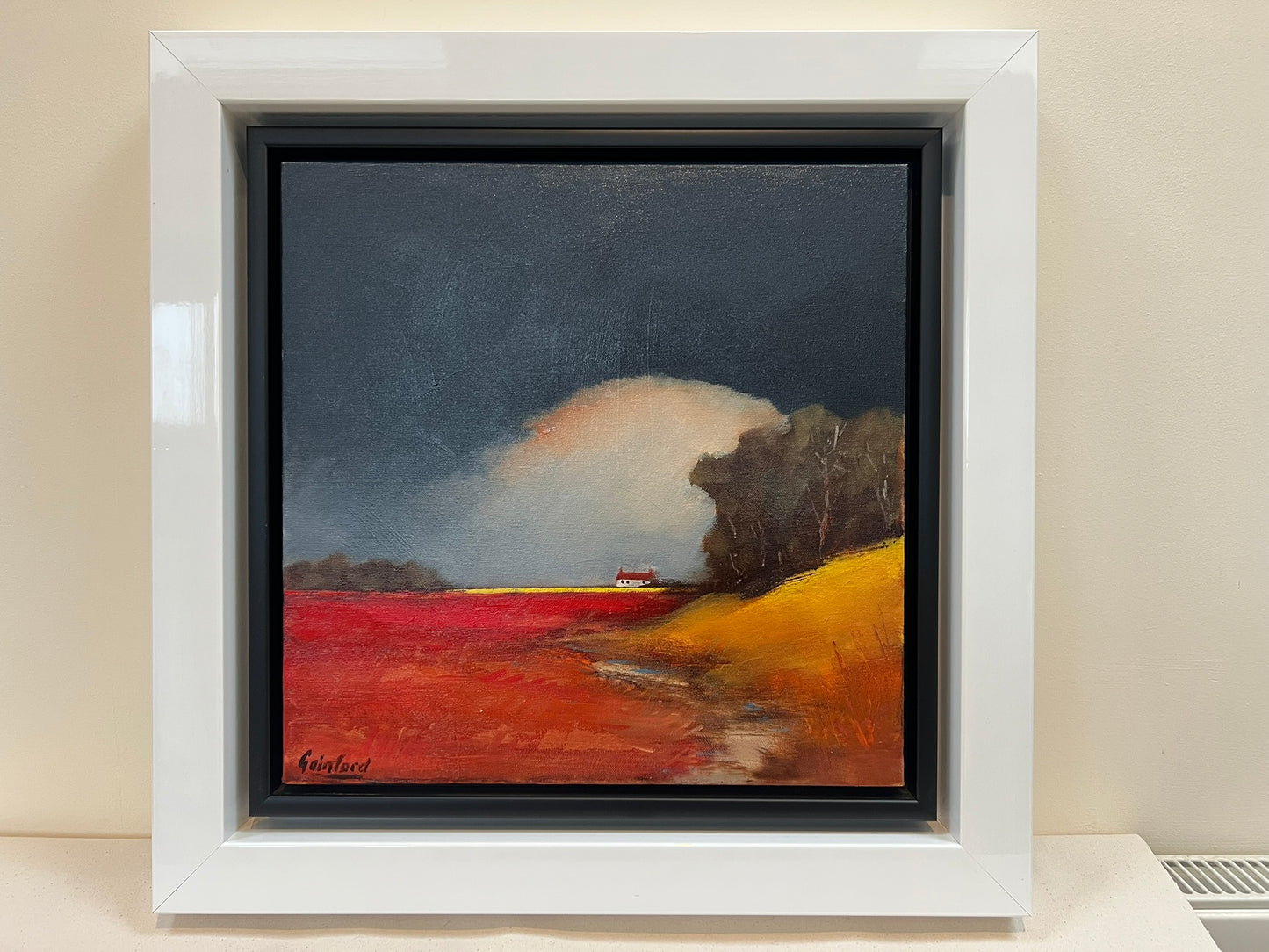 David Gainford Original Oil, Countryside House, Fields, Atmospheric Sky 40x40cm