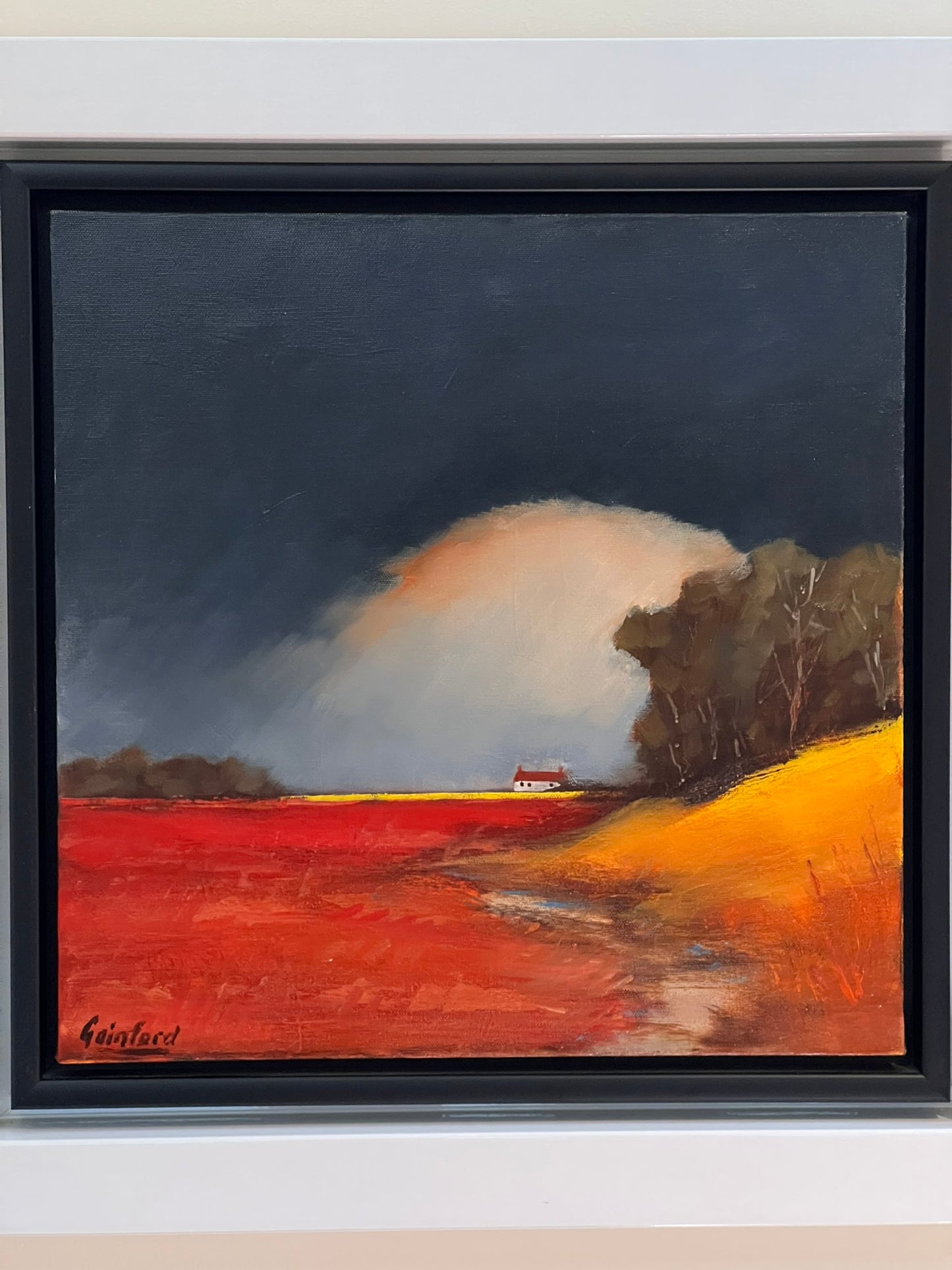 David Gainford Original Oil, Countryside House, Fields, Atmospheric Sky 40x40cm
