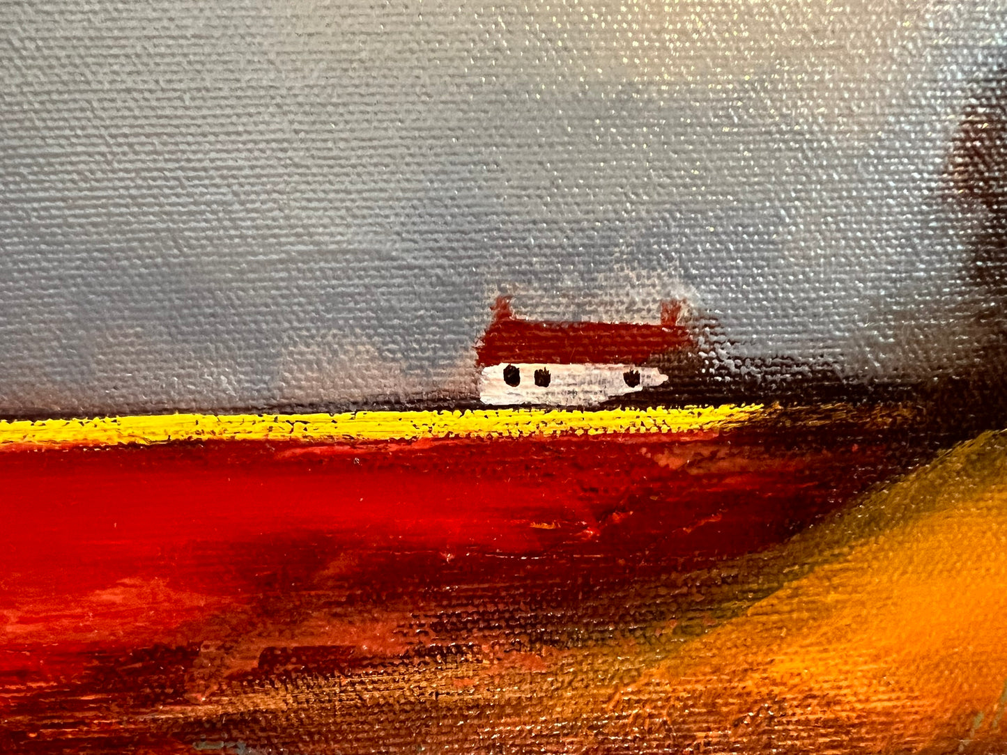 David Gainford Original Oil, Countryside House, Fields, Atmospheric Sky 40x40cm