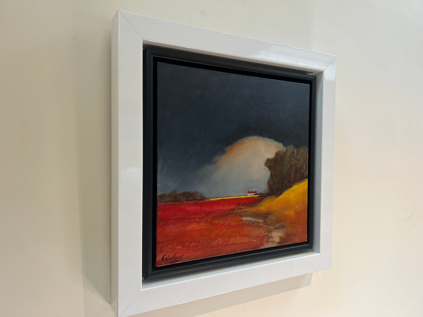 David Gainford Original Oil, Countryside House, Fields, Atmospheric Sky 40x40cm