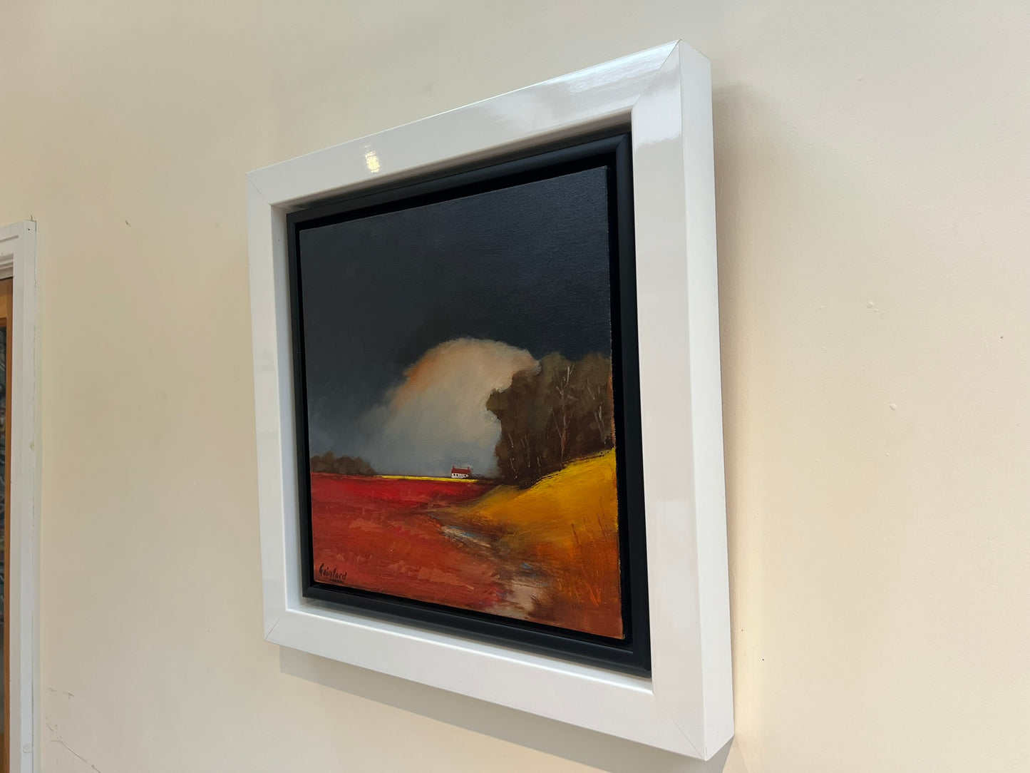 David Gainford Original Oil, Countryside House, Fields, Atmospheric Sky 40x40cm