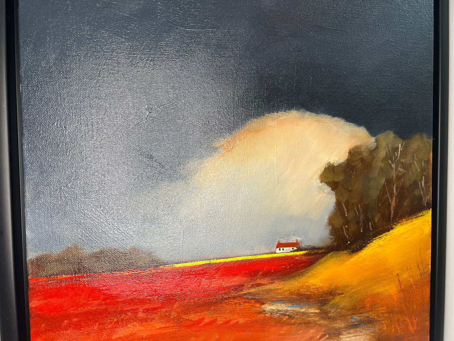 David Gainford Original Oil, Countryside House, Fields, Atmospheric Sky 40x40cm