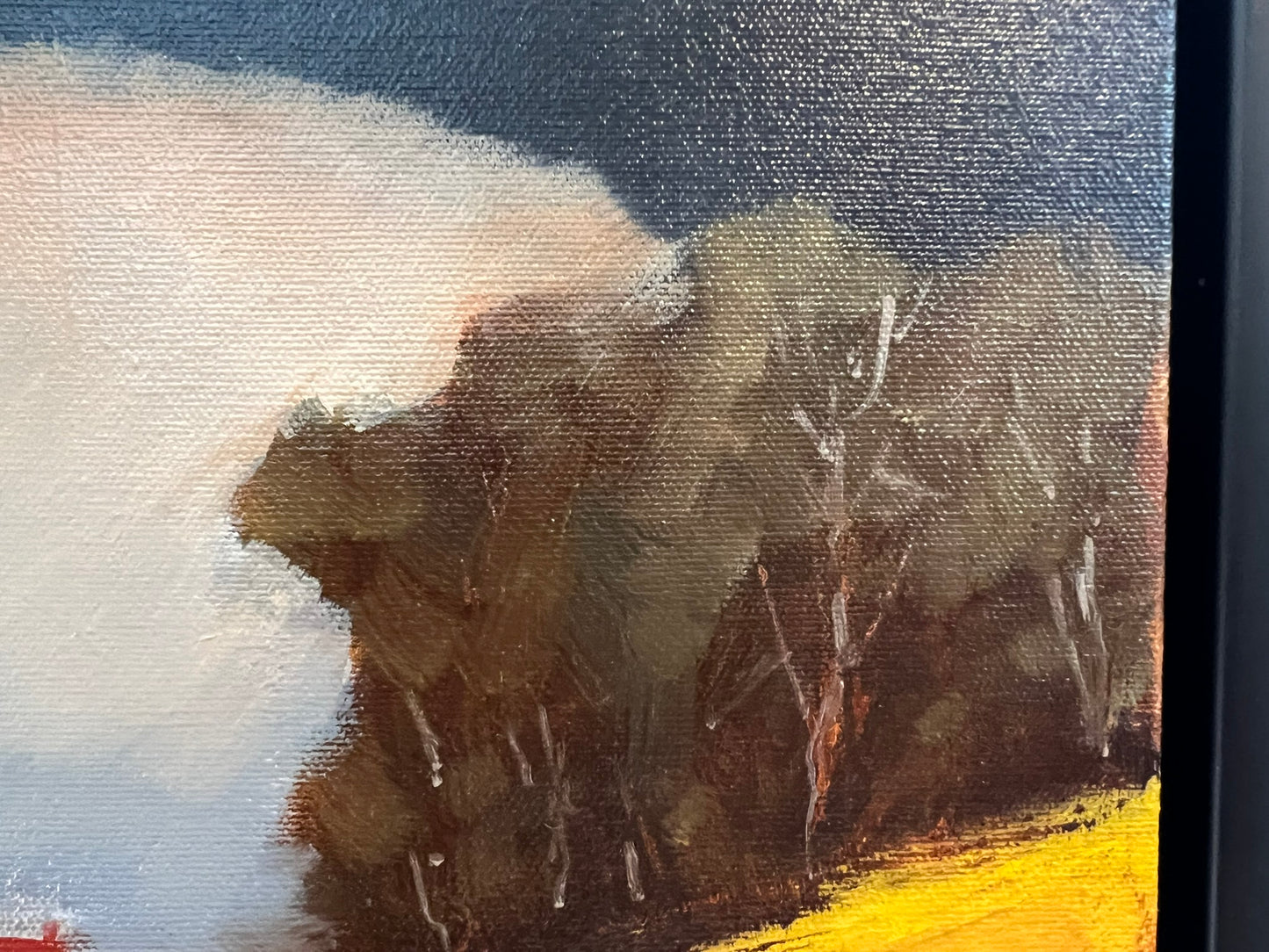 David Gainford Original Oil, Countryside House, Fields, Atmospheric Sky 40x40cm