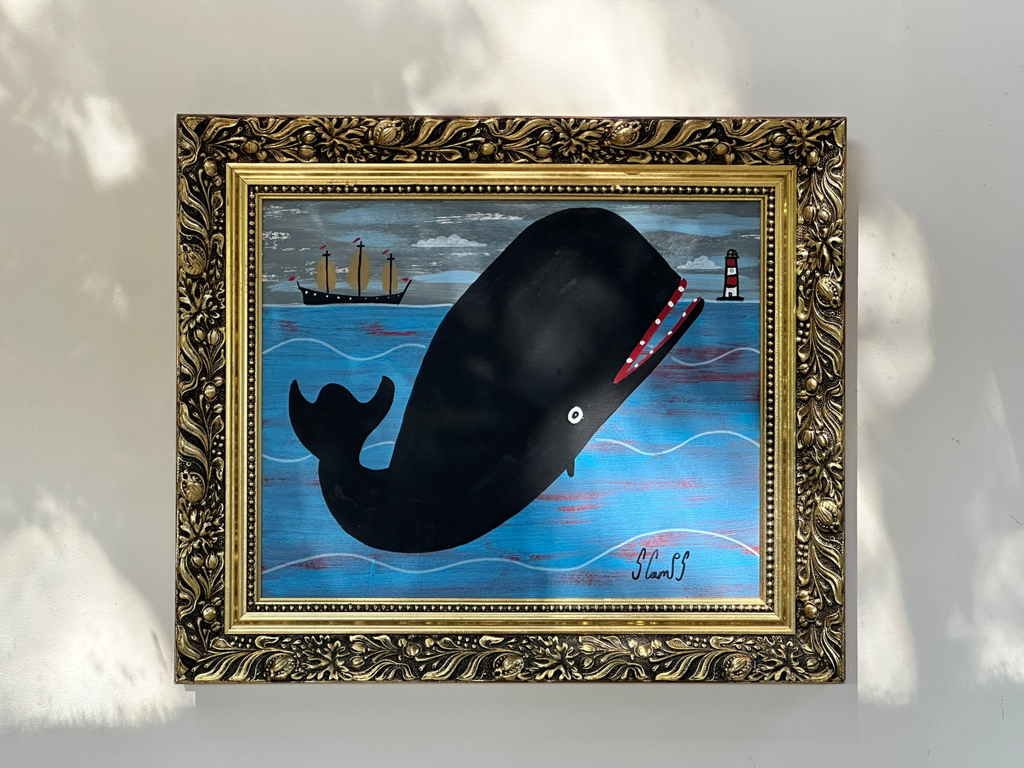 Steve Camps Original Oil Painting "Whale Boat Lighthouse" Naive Cornish Art