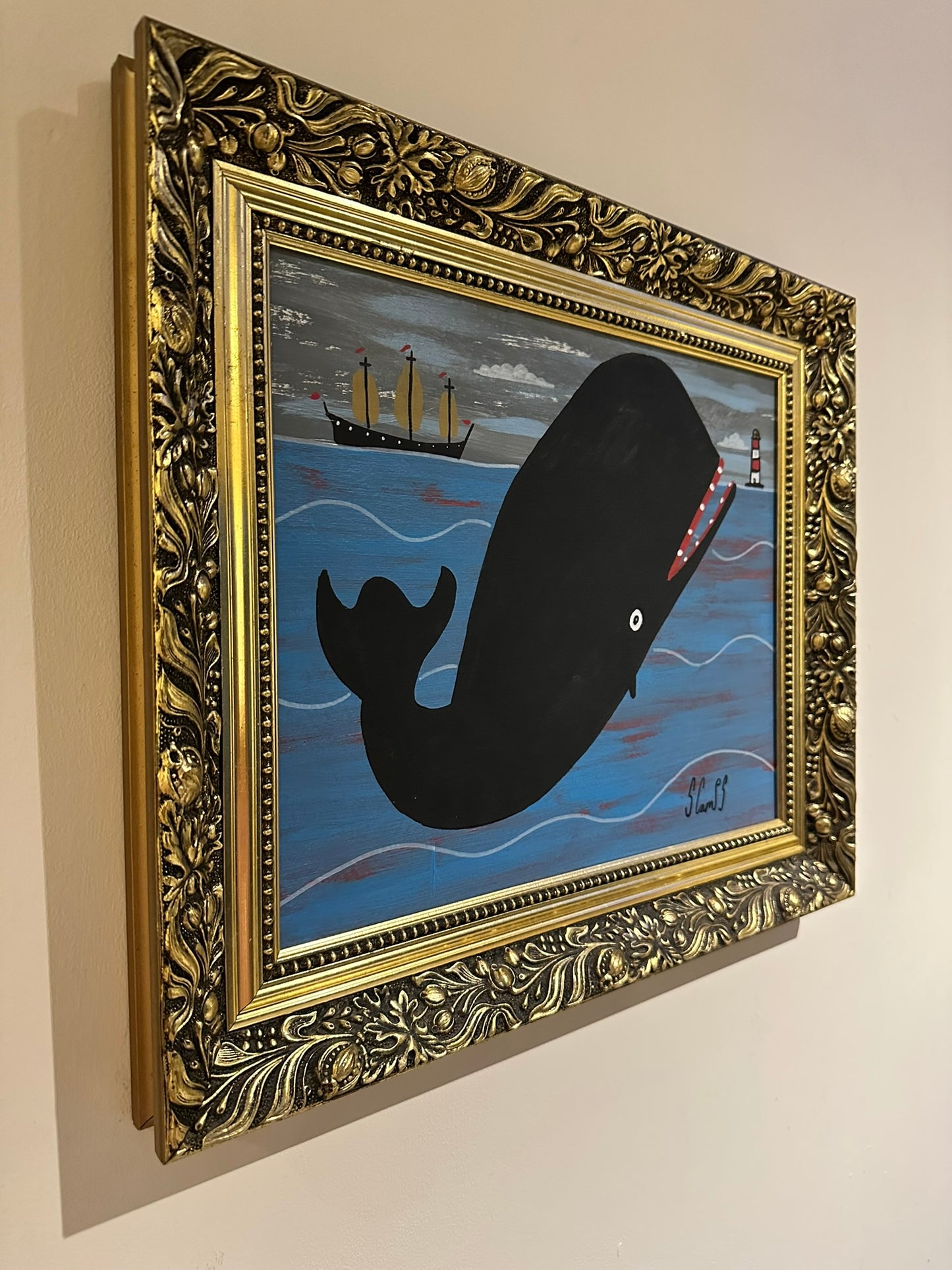 Steve Camps Original Oil Painting "Whale Boat Lighthouse" Naive Cornish Art