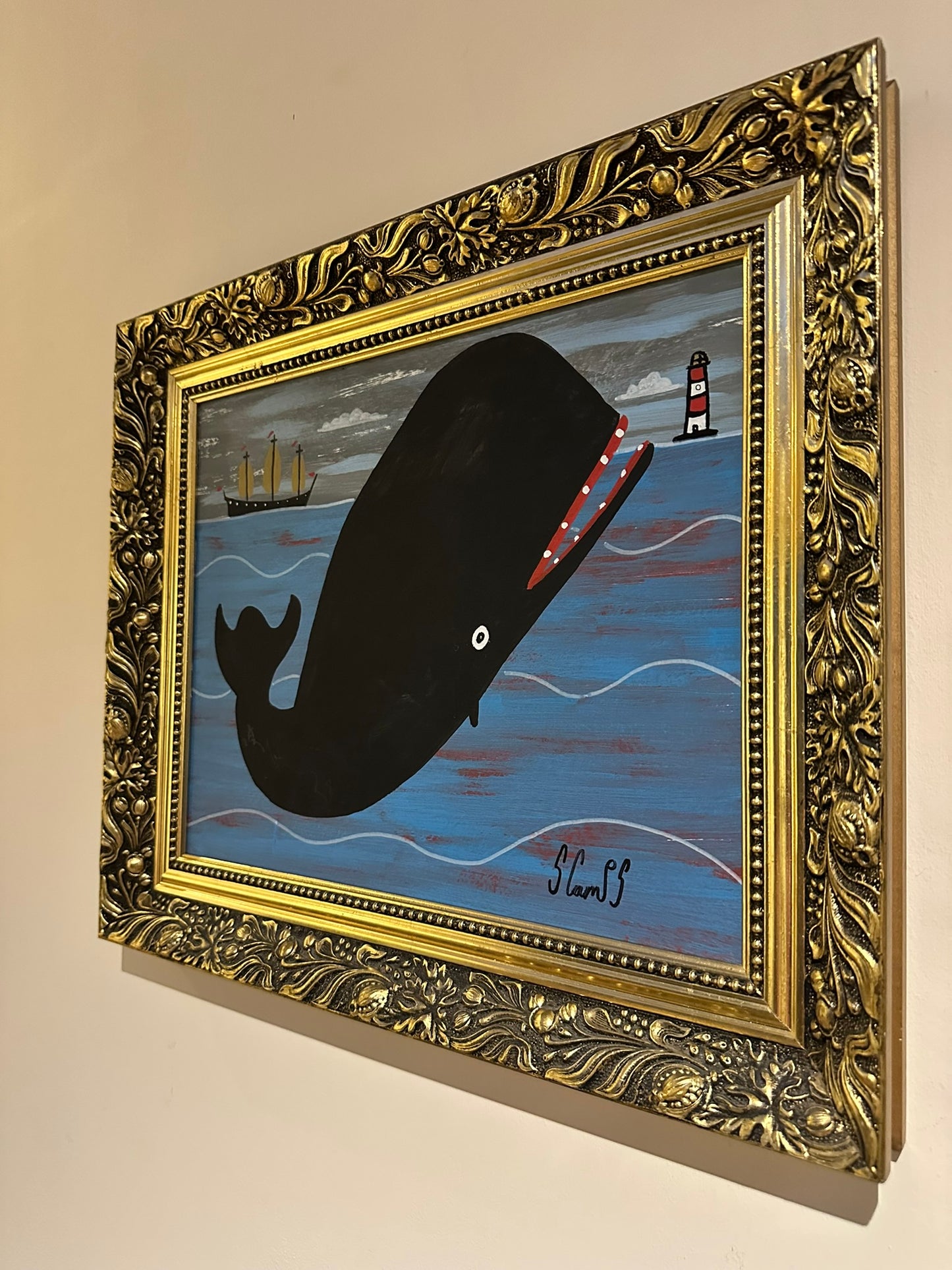 Steve Camps Original Oil Painting "Whale Boat Lighthouse" Naive Cornish Art