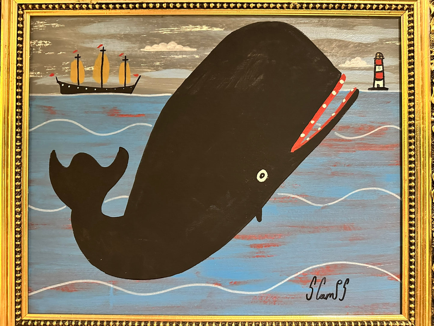 Steve Camps Original Oil Painting "Whale Boat Lighthouse" Naive Cornish Art