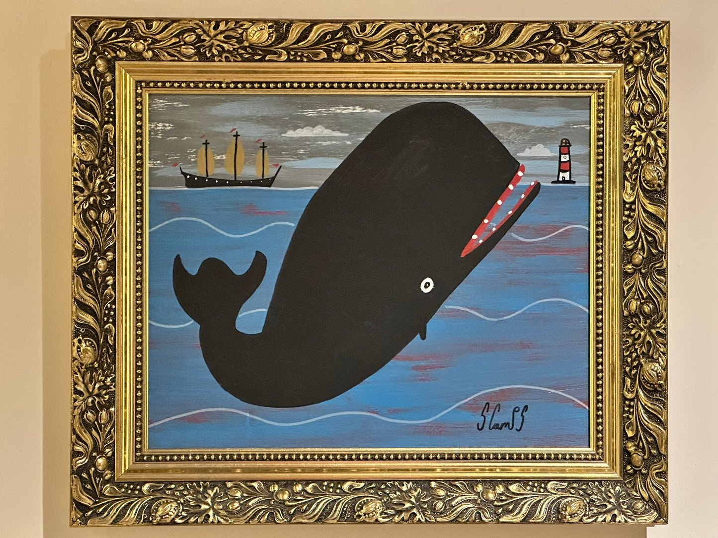 Steve Camps Original Oil Painting "Whale Boat Lighthouse" Naive Cornish Art