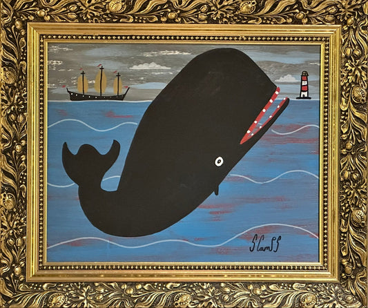Steve Camps Original Oil Painting "Whale Boat Lighthouse" Naive Cornish Art