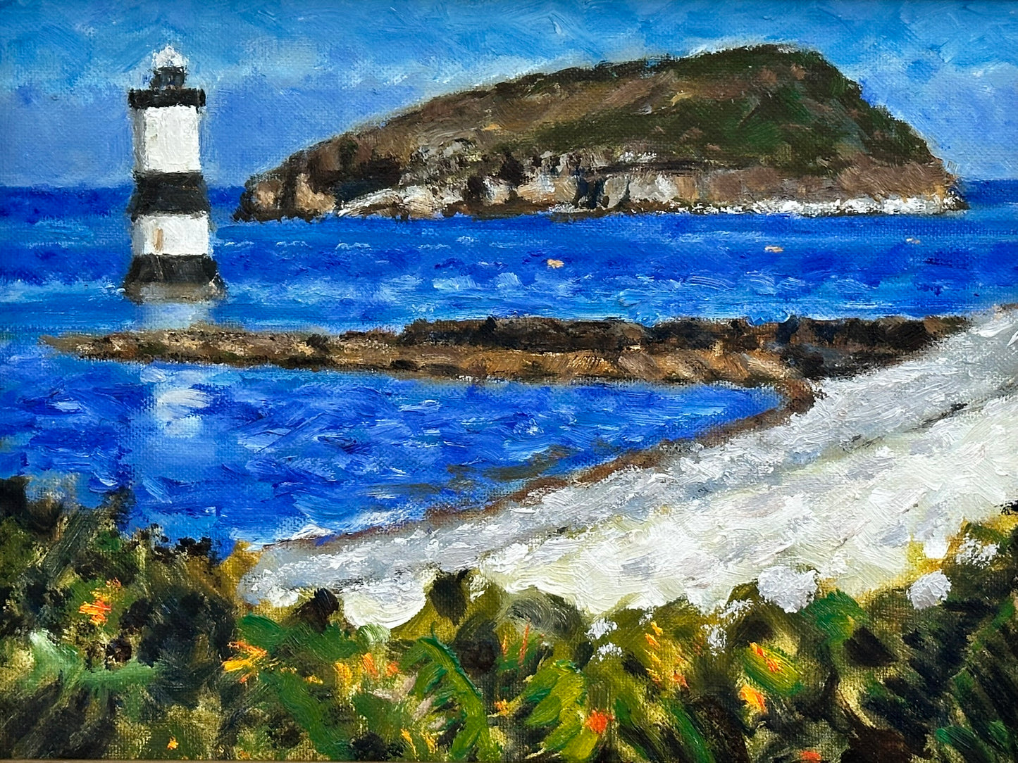 Keith Gardner RCA - Lighthouse & Puffin Island from Penmon - Oil on Board